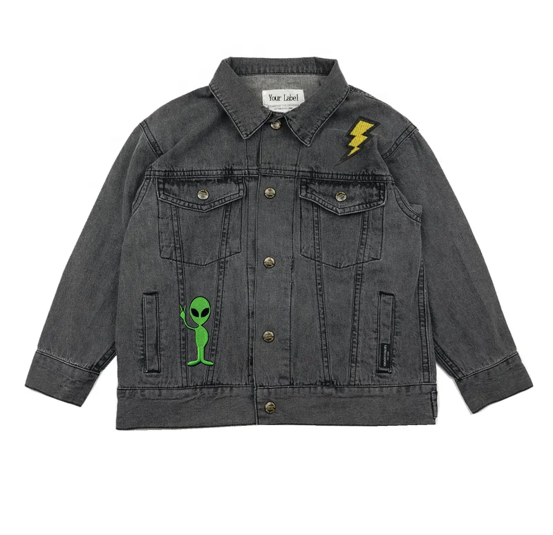 Custom Acid Washed Distressed Dinosaur Tiger Spaceship Astronaut Alien Patchwork Denim Jacket for Kids