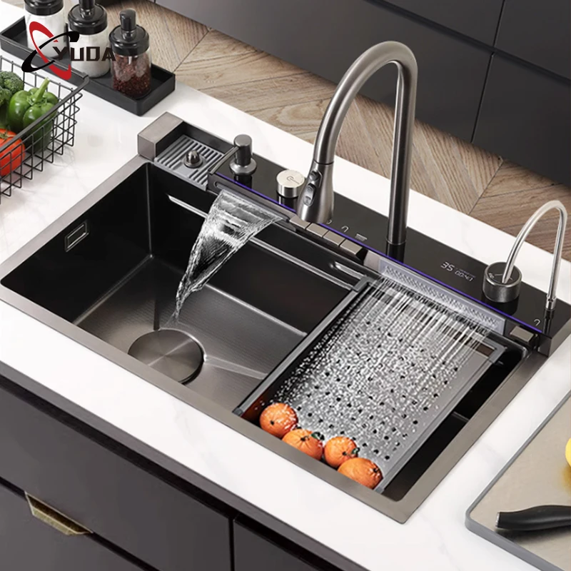 Smart Digital Display Double Kitchen Sink 304 Washing Fruit Vegetable Handmade Kitchen Sink With Cup Washer