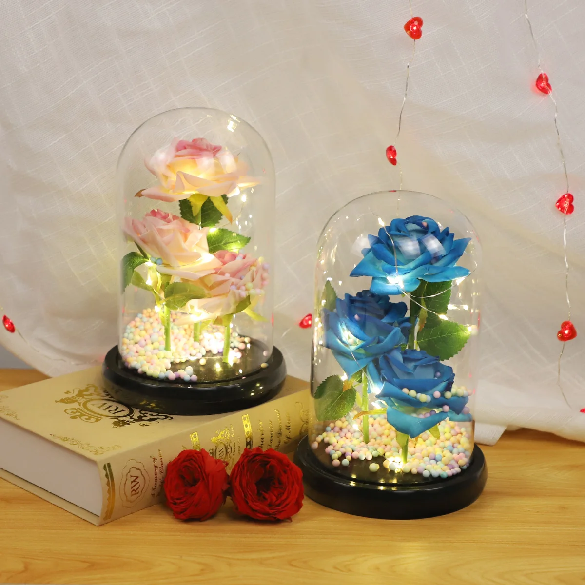 High Quality Gift Flowers Artificial LED Rose In Glass Dome With Led Light Festival Christmas Valentine's Day Flowers Artificial details