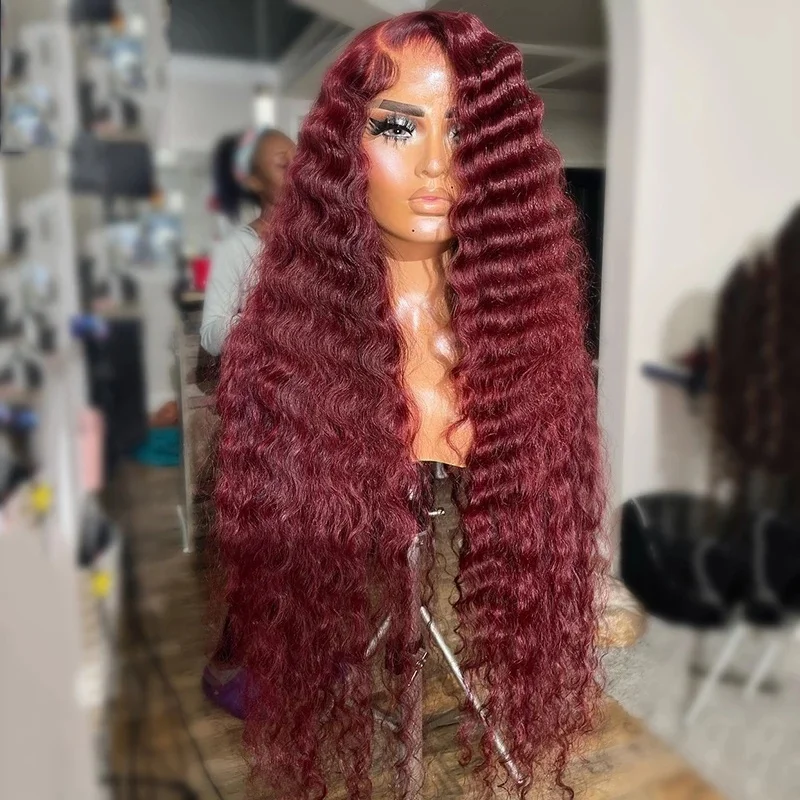 Lace Frontal Wig Burgundy Cherry Red Colored Deep Wave Lace Front Wig  Preplucked 30