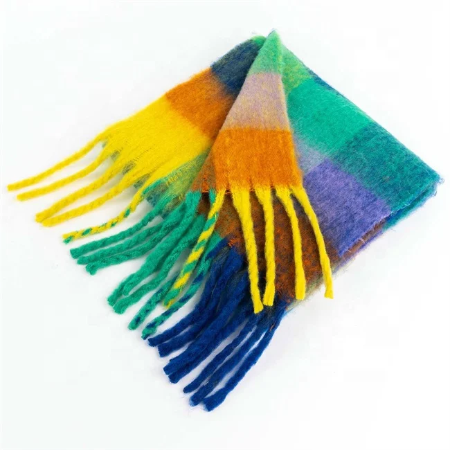 Женский кашемировый шарф в клетку, теплый толстый шарф из пашмины с кисточками, большие размеры