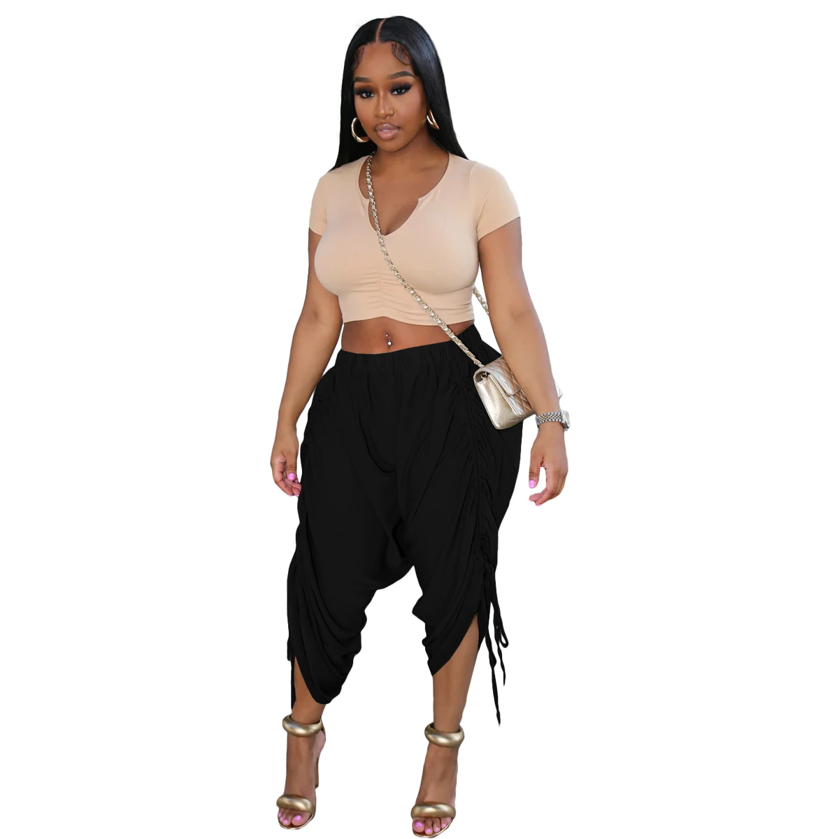 2022 Fall Solid Color Casual Loose Drawstring Capri Pants Cropped Pants Women