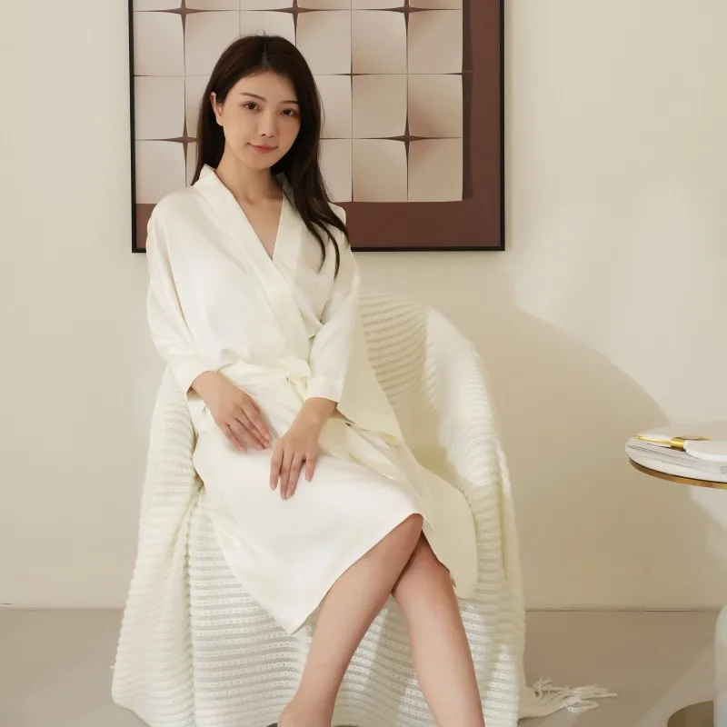 PRODESIGN Satin Kimono Robe Long Silky Bathrobe With Ostrich Feather Trim Sleepwear Wedding Bridesmaid Dressing Gown - View #14