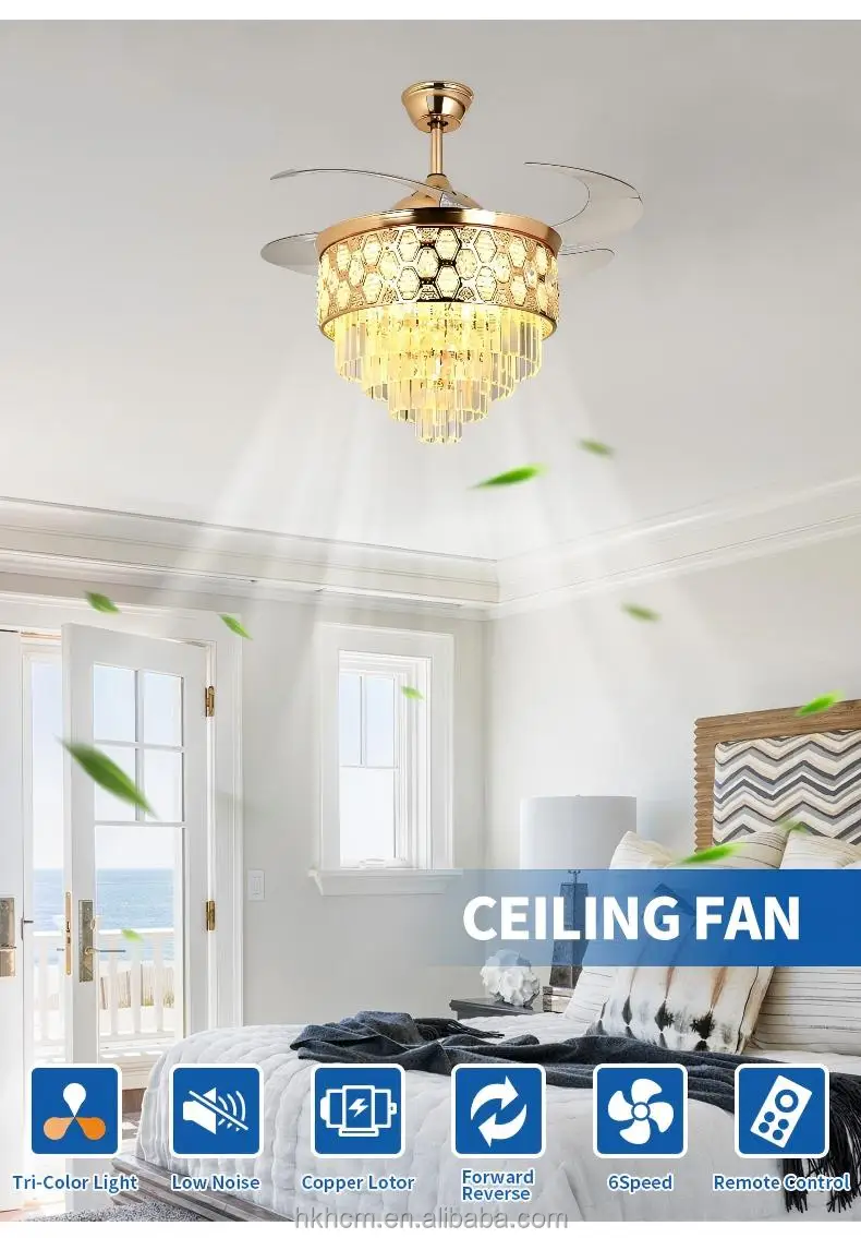 product crystal ceiling fan light fixture fandelier led remote 6 speed reversible dc motor 48inch blade 30 34db quiet living-6
