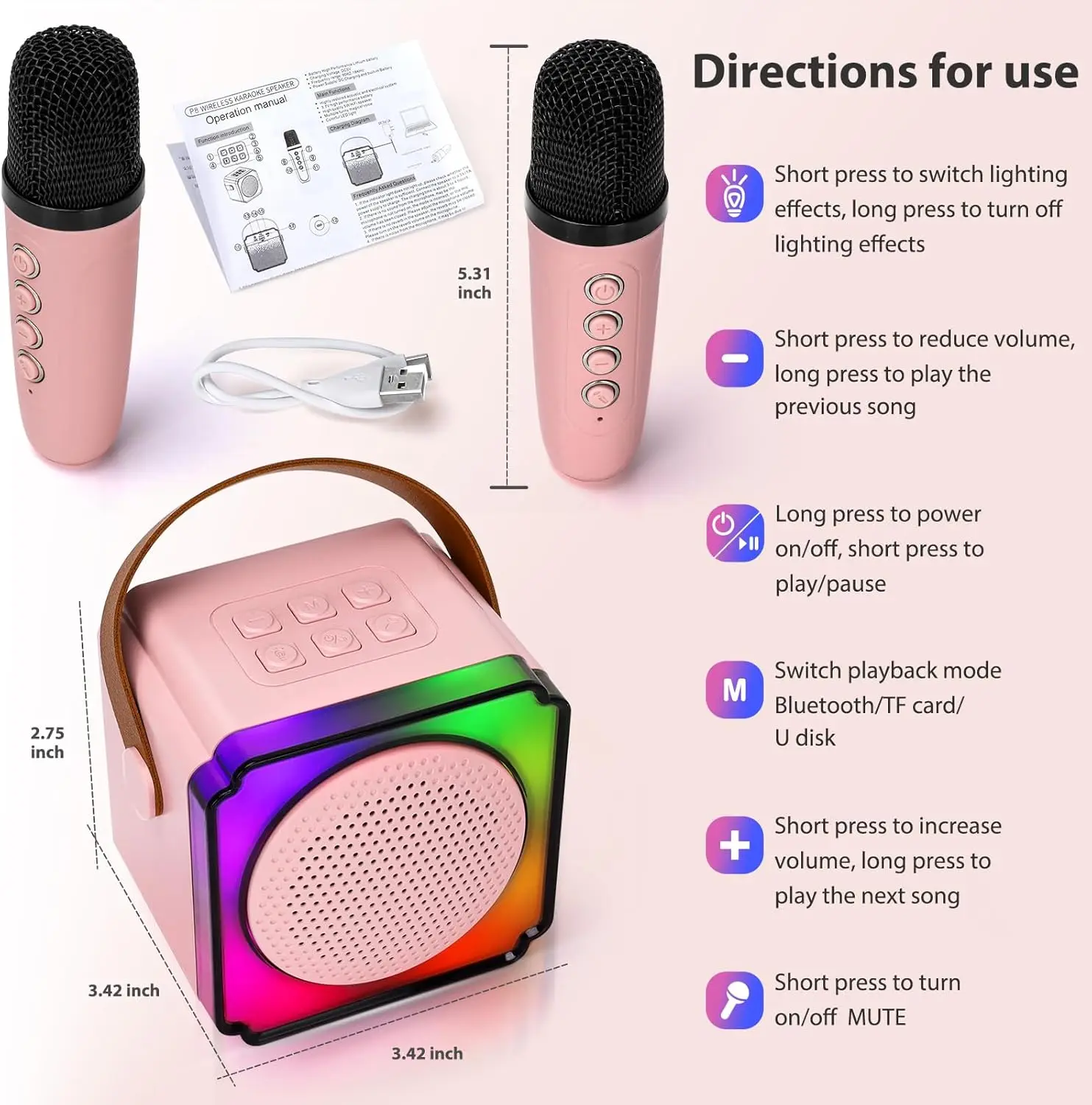 YLL Portable Bluetooth Karaoke Machine With 2 Wireless Mics - 60W Powerful Speaker For Parties