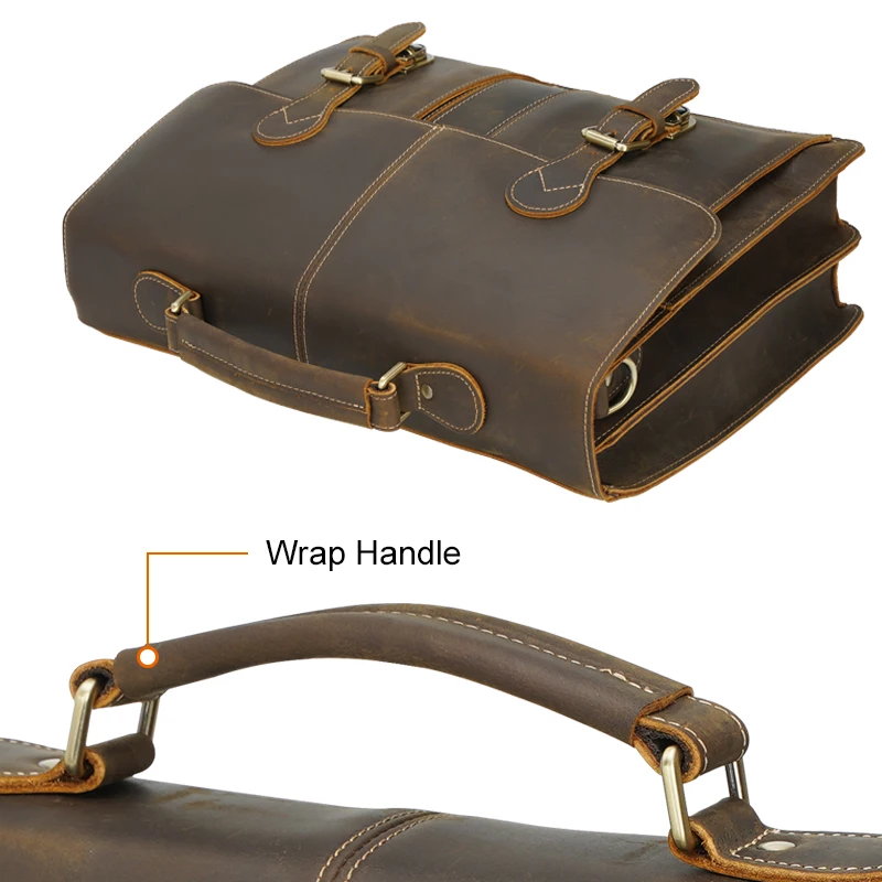 Custom Logo Retro Vintage Men Large Capacity Crazy Horse Genuine Cow Leather 17 Inch Laptop Bag Briefcase for Men
