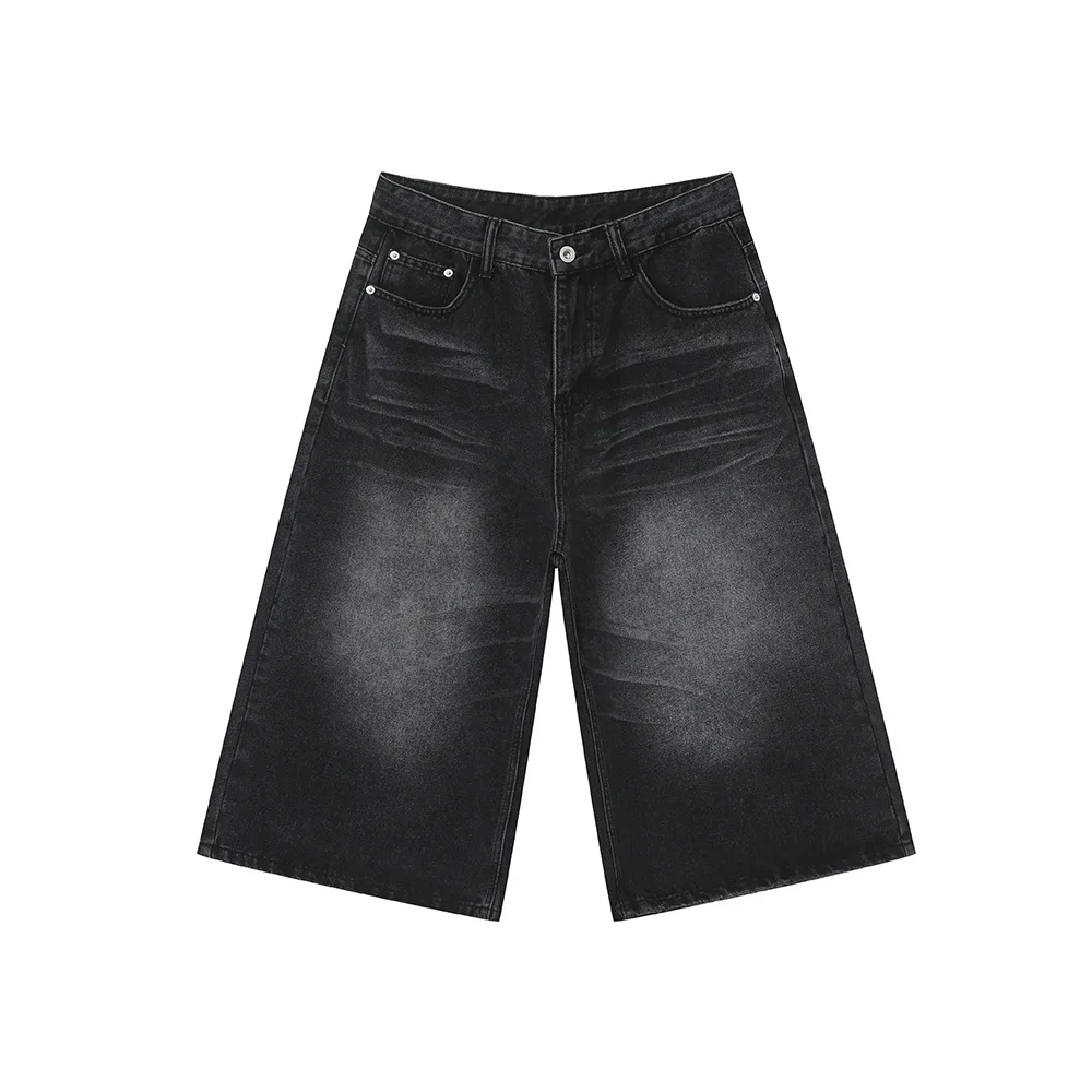 Pantaloni dritti larghi estivi da uomo, neri, pantaloni larghi drappeggiati, pantaloncini in denim corti, jeans larghi da uomo_voghion.com