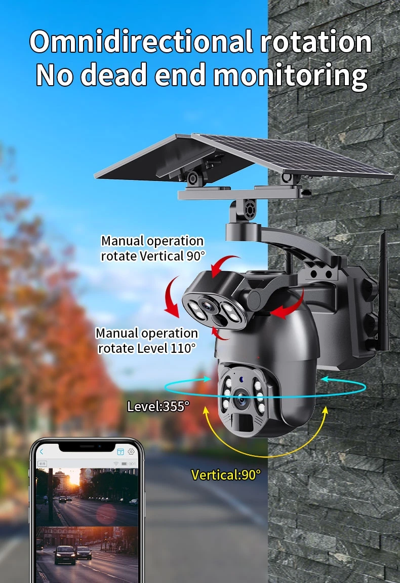 Outdoor 6MP PTZ 3K Wireless Solar Camera Dual Lens Alarm PTZ 12W Dual ...