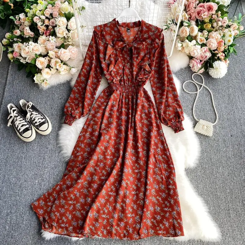 Elegant Autumn Floral Chiffon Dress | Korean Style Midi Flare selling Dress (CLD0040)