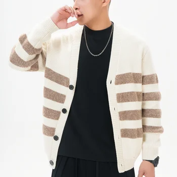 men's sweater  Fashion custom clothing manufacturer cardigan sweater for men Striped oversized sweater have buttons long sleeves