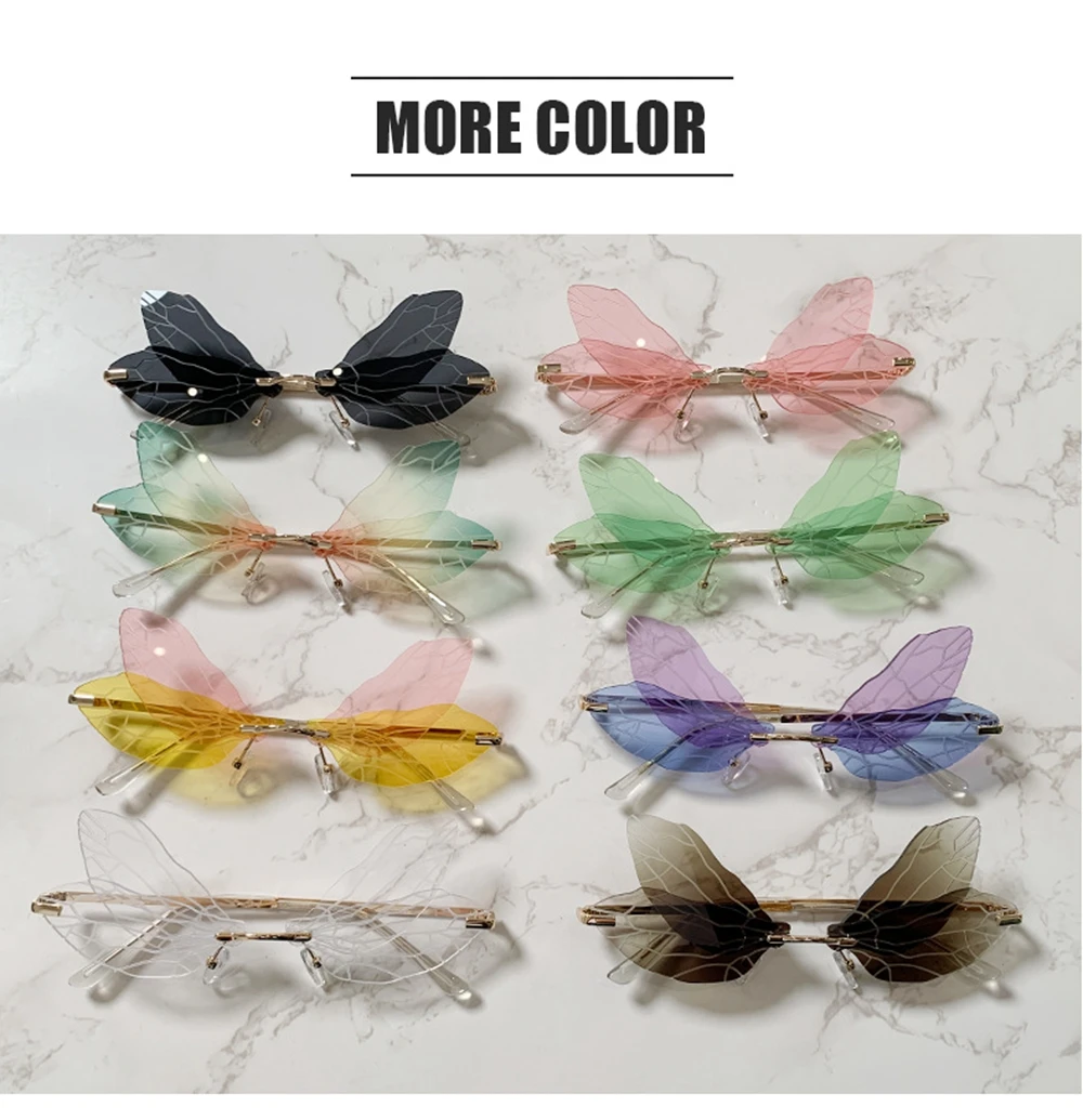 Butterfly Sunglasses Rimless Dragonfly Wing Sunglasses Women Vintage Clear Ocean Lens Eyewear 3963