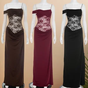 Viviblook Y25DS374 Y25DS237 New Sexy Elegant New Solid Color Strap Lace See Through Maxi Evening Dresses for Women