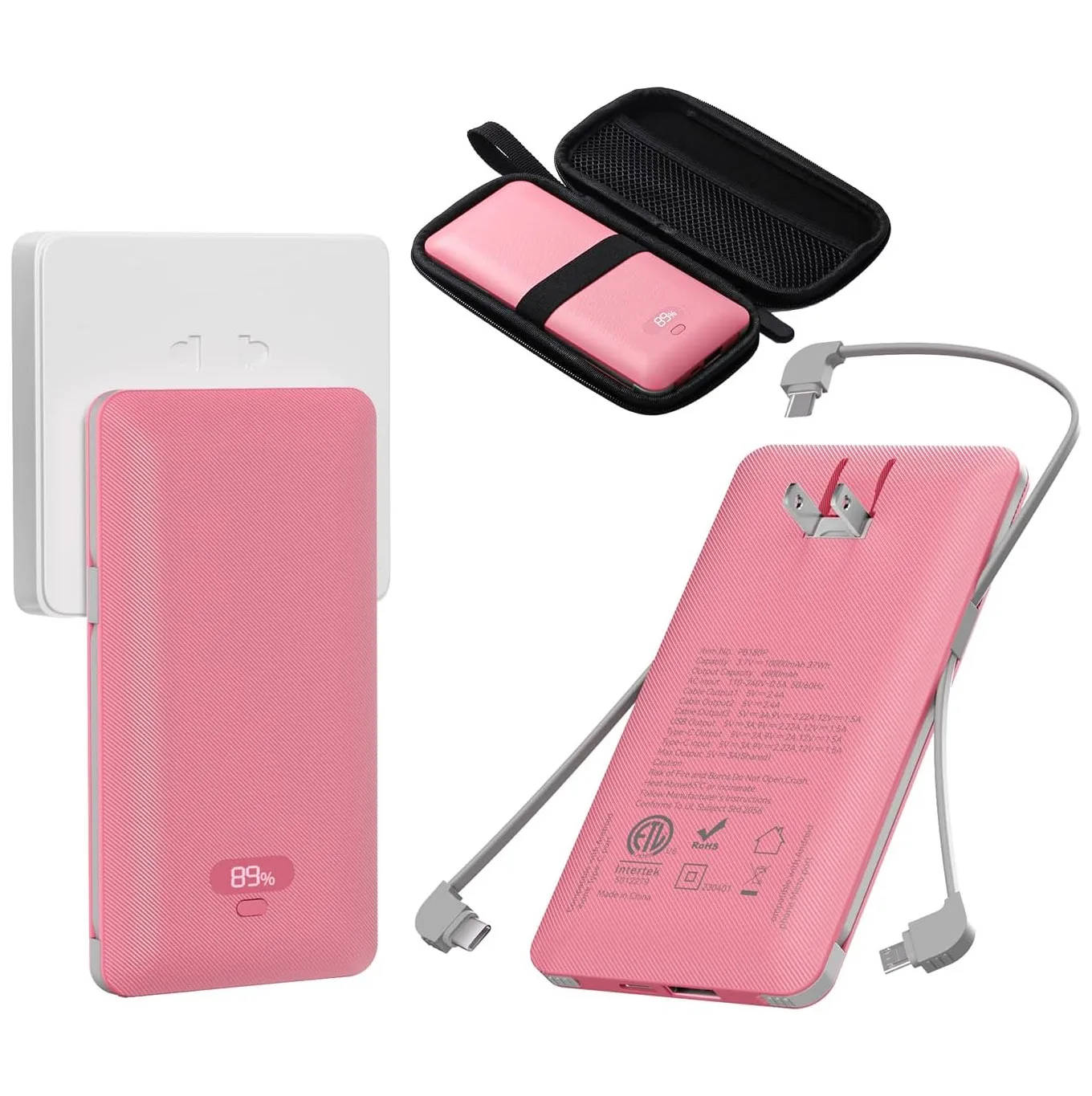 PD20W Power Bank 10000mAh Built-in 3 Cables & USB-A+C Ports, with AC Plug Portable Charger Digital Display Business Gift PB180P