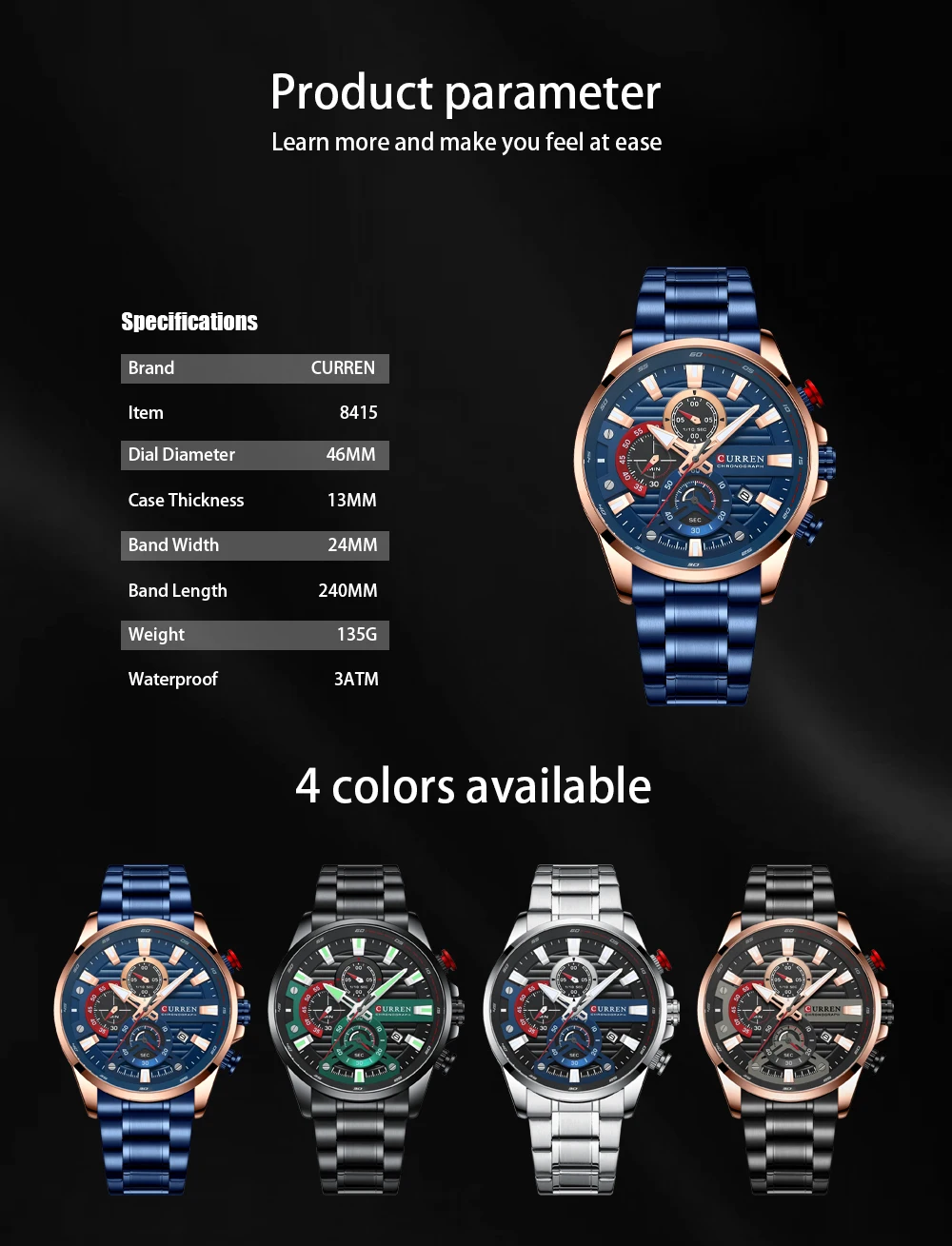 CURREN 8415 Sports Casual Quartz Wristwatches Auto Date Clock Male Reloj Chronograph Fashion Stainless Steel Men's Watch for Men