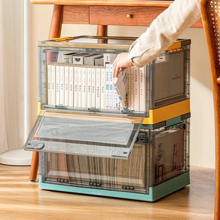 Factory Stock 28L Plastic Stackable Folding Storage Box with Double Door and Lids Large Capacity Containers Bins Baskets