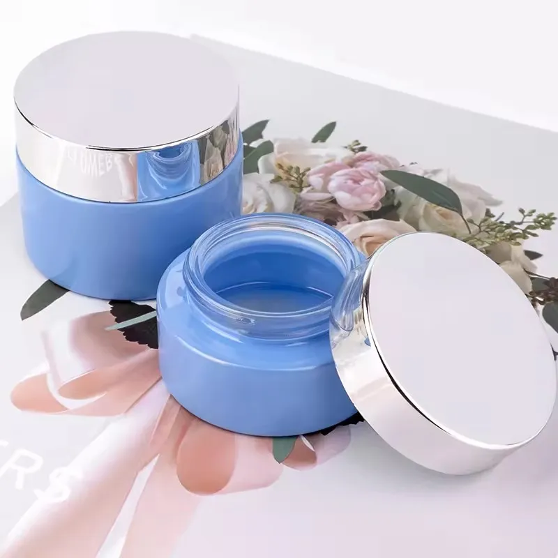 Blue Empty Cosmetics Cream Containers Set Skincare Glass pump Spray Lotion Bottle With Silver Cap 30g50g40ml100ml120ml details