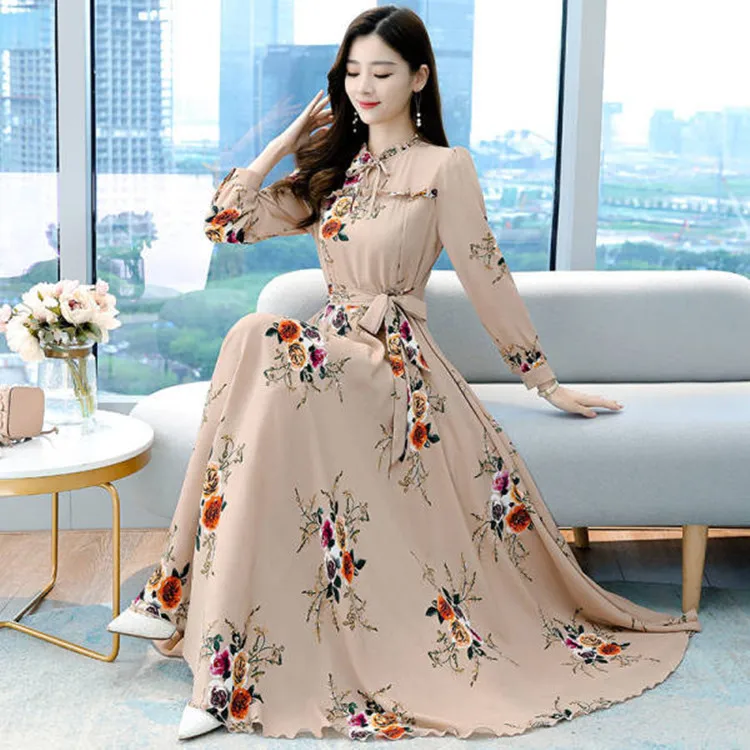 Spring Women's Chiffon Floral Printed Dress - Long Sleeve