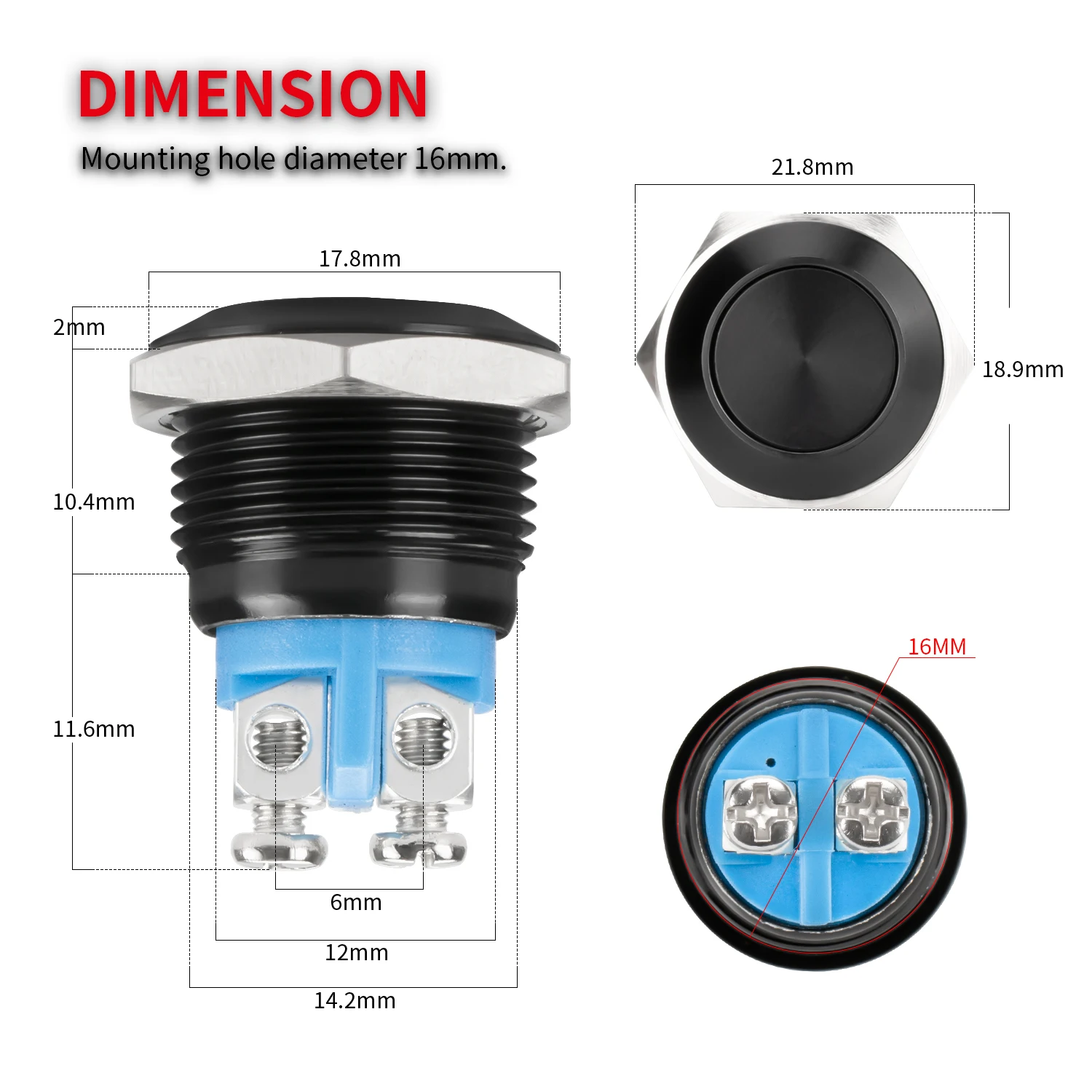 Daiertek 16mm Push Button Switch Black Color Momentary Flat Push Button