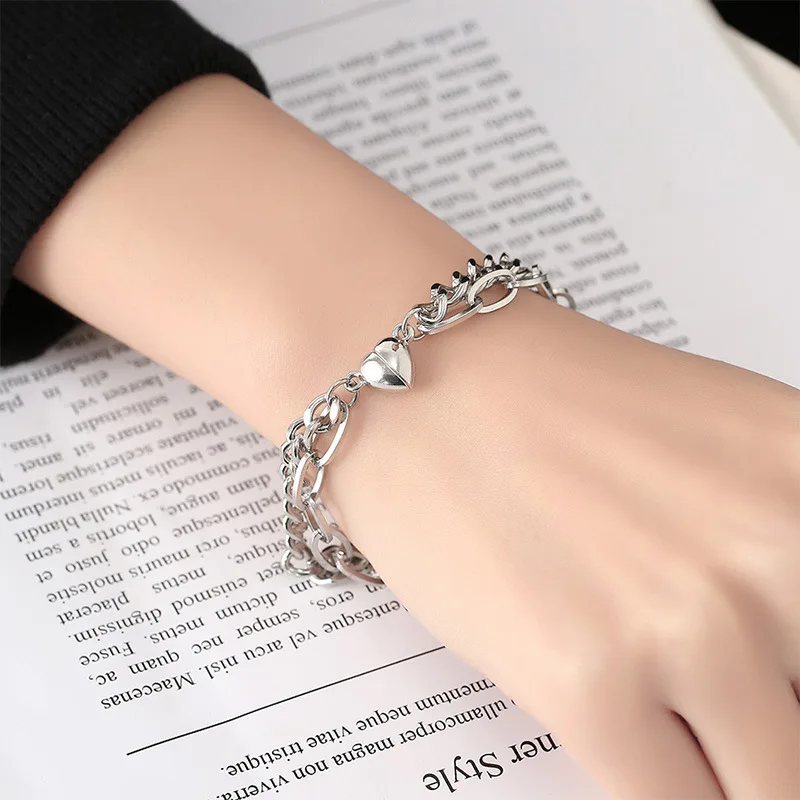 2pcs Magnetic Couple Bracelets Set Cuban Chain Bracelet Magnetic Peach Heart  Bracelet Pinky Promise Couples Bracelets