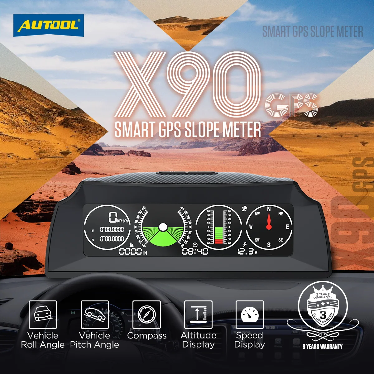Autool X90 Gps Inclinometer Car Hud Pitch Tilt Angle Protractor Clock