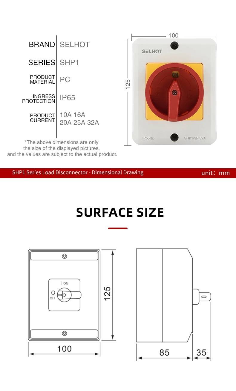 SHP3 IP66 Waterproof Isolating Disconnect Switch - 100A