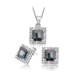 Keiyue Square Shaped Colorful Big Stone Rani Haar Platinum Necklace Earrings Set for Parties Weddings with Zircon Main Stone