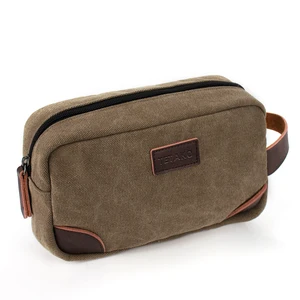 Custom Waterproof Travel Leather Handle 16 OZ  Washed Canvas Makeup Toiletry Organizer Shaving Mens Dopp Kit