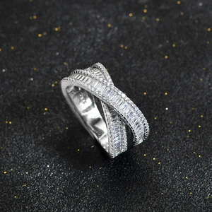 S925 Sterling Silver Platinum Plated Emerald Cut Lab Diamond Cross Double Layer Ring Women's Trendy Gemstone Ring