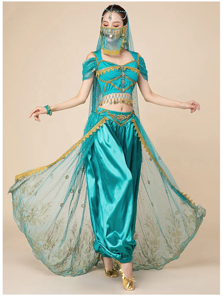 Shinny Jasmine Princess Dress Aladdin Cosplay Costume Women Blue Lamp Pants  Set
