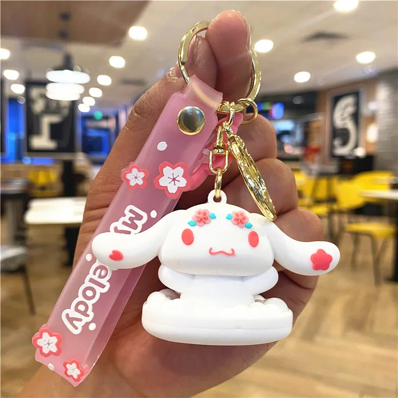 3d Hello Kitty Keychain With Wrist Strap Car Accessories Bag Ornament Doll Custom Cute Cartoon Pvc Gold Key Rings Gift