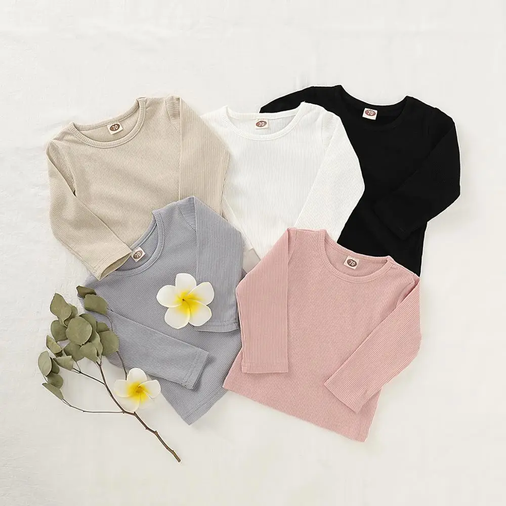 Одежда для новорожденных девочек, однотонная хлопковая футболка в рубчик с длинным рукавом, футболки на весну и осень с круглым вырезом для детей 0-18 месяцев, одежда для маленьких мальчиков