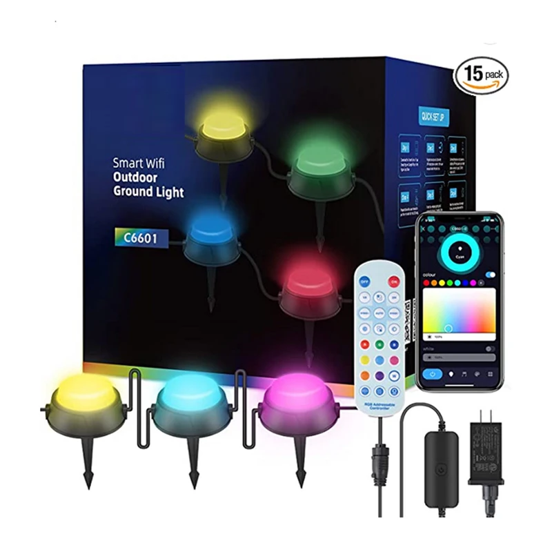 15 Pack Smart Tuya App Control RGBICW Music Sync Pathway Lights,Ground Lights,Outdoor Lawn Light for Garden, Yard, Patio,Decor