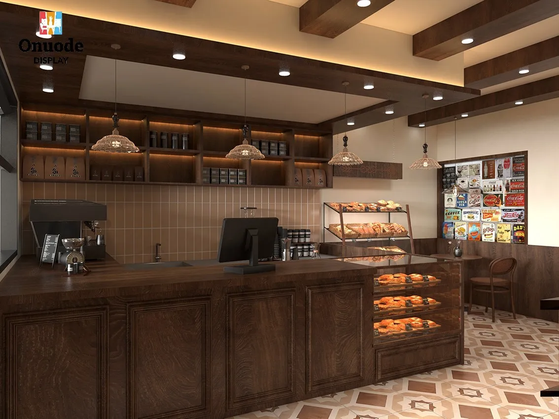 Commercial Furniture Wooden Design Coffee Bar and Wine Rack Kiosk Shelves for Cafe Interior & Showcases