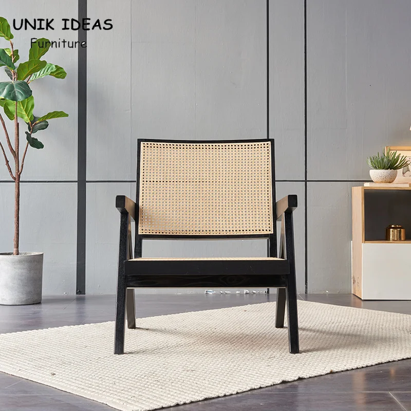 Nordic Modern Indoor Hotel Living Room Chair Wood Rattan With Armrest Leisure Sofa Lounge Chair