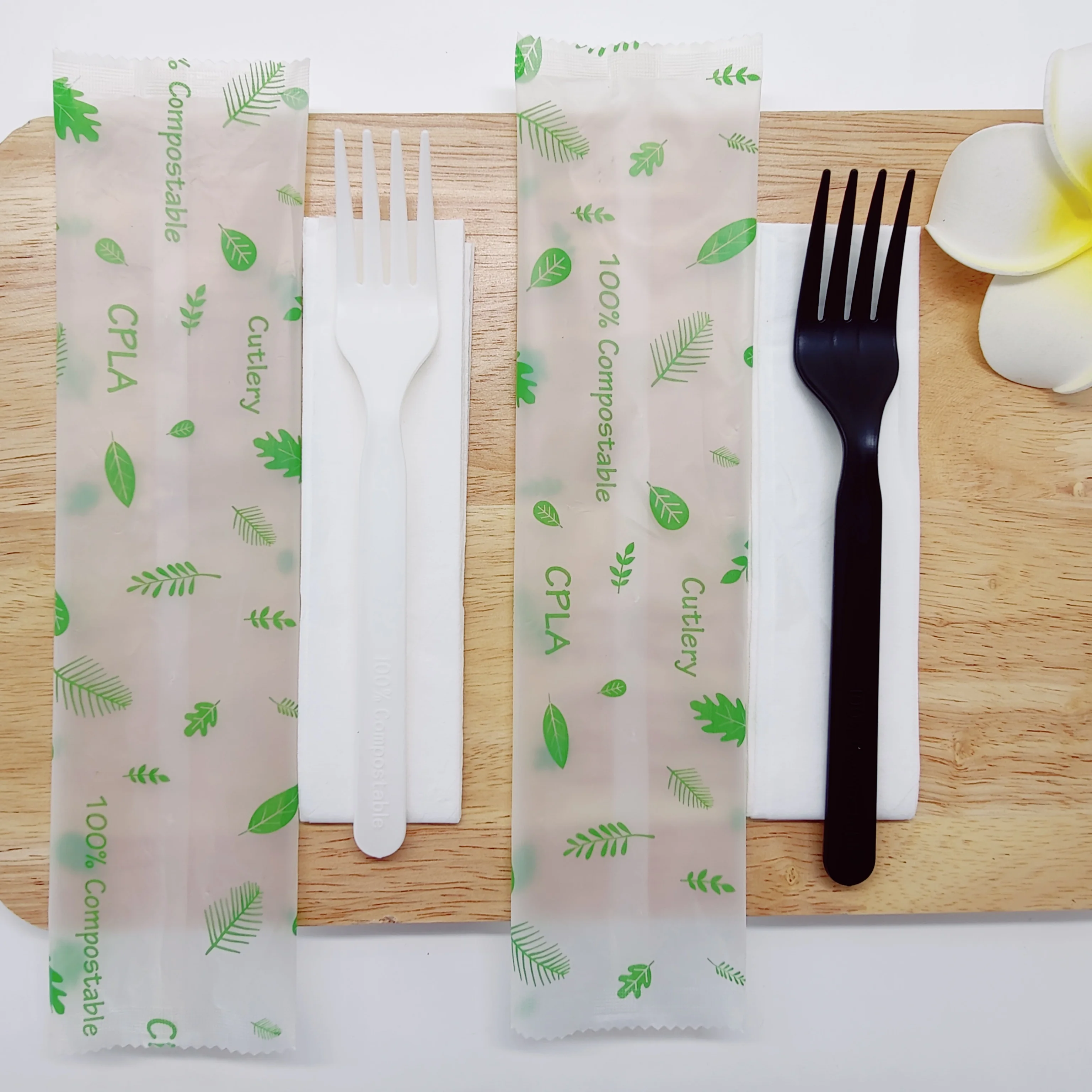 GreenWorks Wholesale Customized Wrapped Individually Compostable Plastic CPLA Forks with Biobag Printing Sets NAPKIN