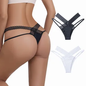 Women's Sexy Hollow Lace Thong Panties Breathable Fishnet Cross Straps Low-Waisted T-Back Lingerie with Bondage Features