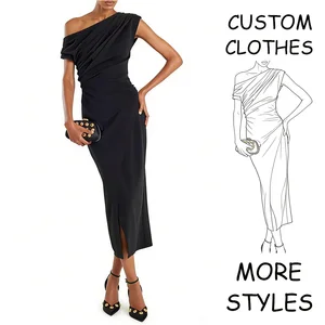 Custom Wholesale Elegant Dark Gray Maxi Bodycon High Slit One Shoulder Daily Occasion Dresses Women Casual Polyester/Cotton