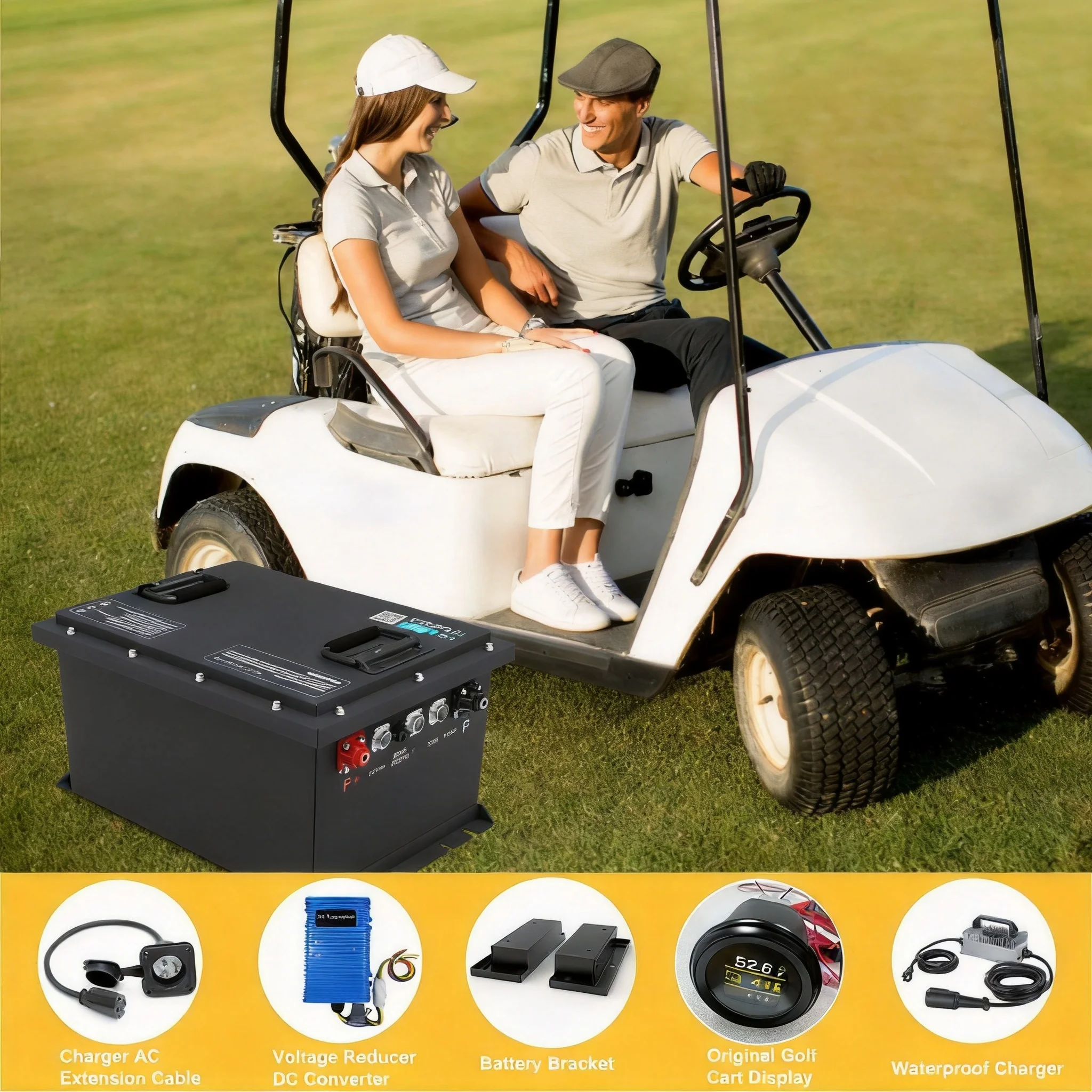 lithiová baterie pro golfové vozíky 48 V, 51,2 V, 38,4 V, 105 Ah, dobíjecí bateriový balíček s monitorováním přes Bluetooth aplikaci pro vozíky Club Car