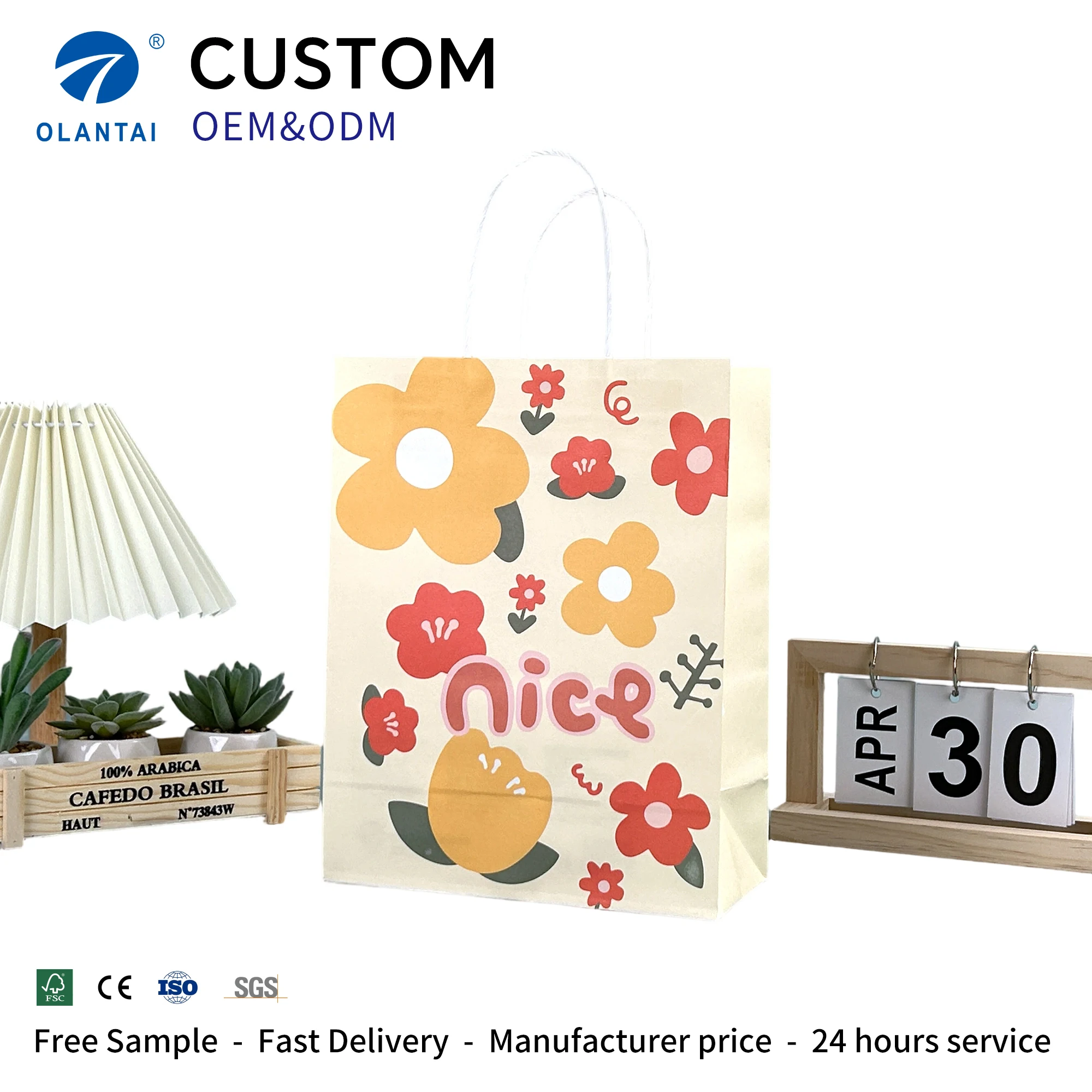 Custom Printed Logo Luxury Kraft Paperboard Bag Ribbon Handle Recyclable Durable Offset/Flexographic Printing Classic Style