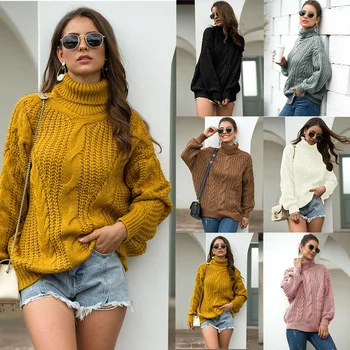 2024 autumn/winter new knitwear for women College style thick thread twist turtleneck sweater for women