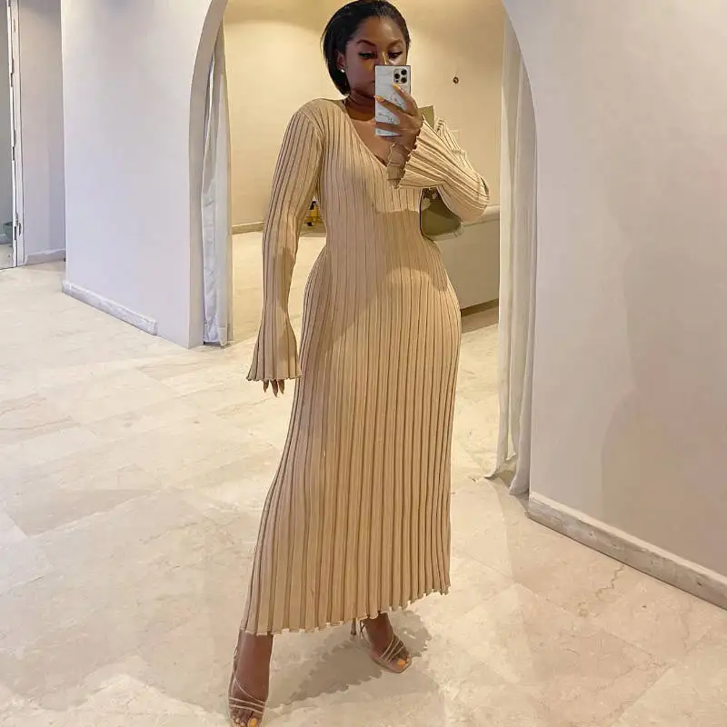 Long Sleeve Rib Knitted Dress Casual 