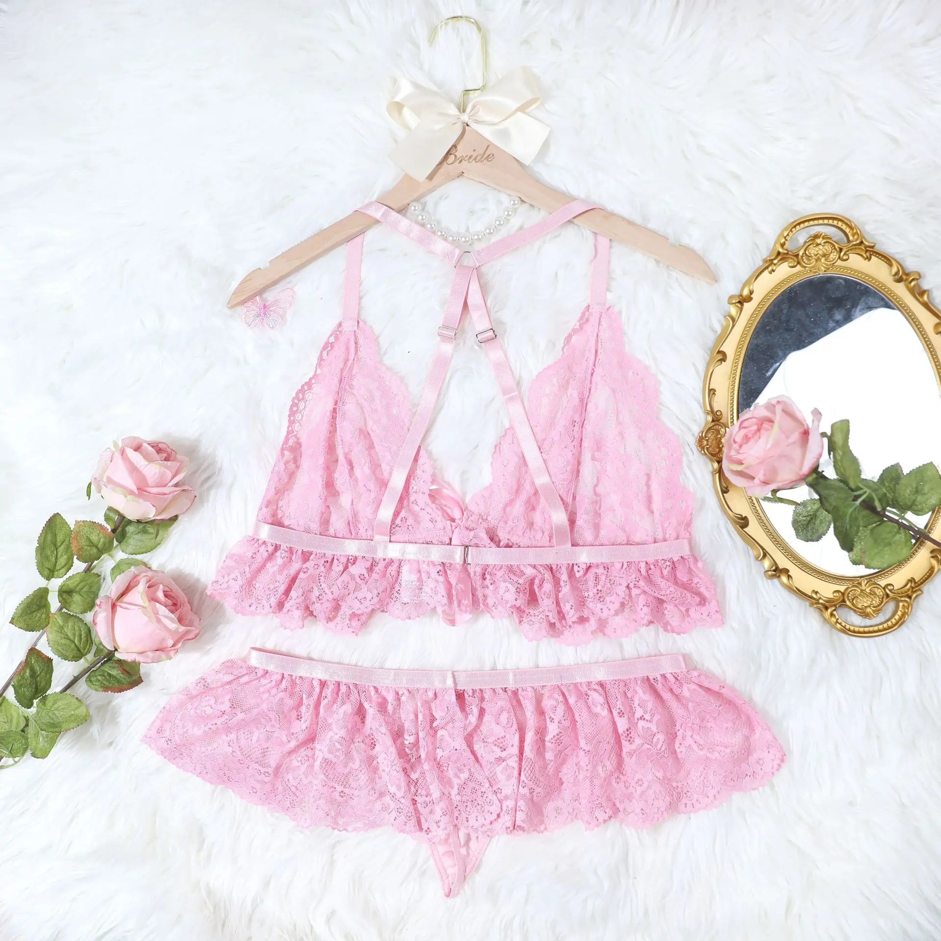 JSMANA Erotic Sexy Temptation Plus Size 2 Piece Set Lingerie Pink Color Sexy New Women Lace Bra Suit Ribbon Bow Top & Shorts Set