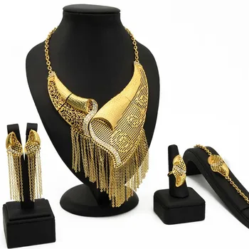 Dubai Indian 24k Gold Tassel Necklace Earrings Bracelet Ring Jewelry Set Bridal Wedding Jewelry
