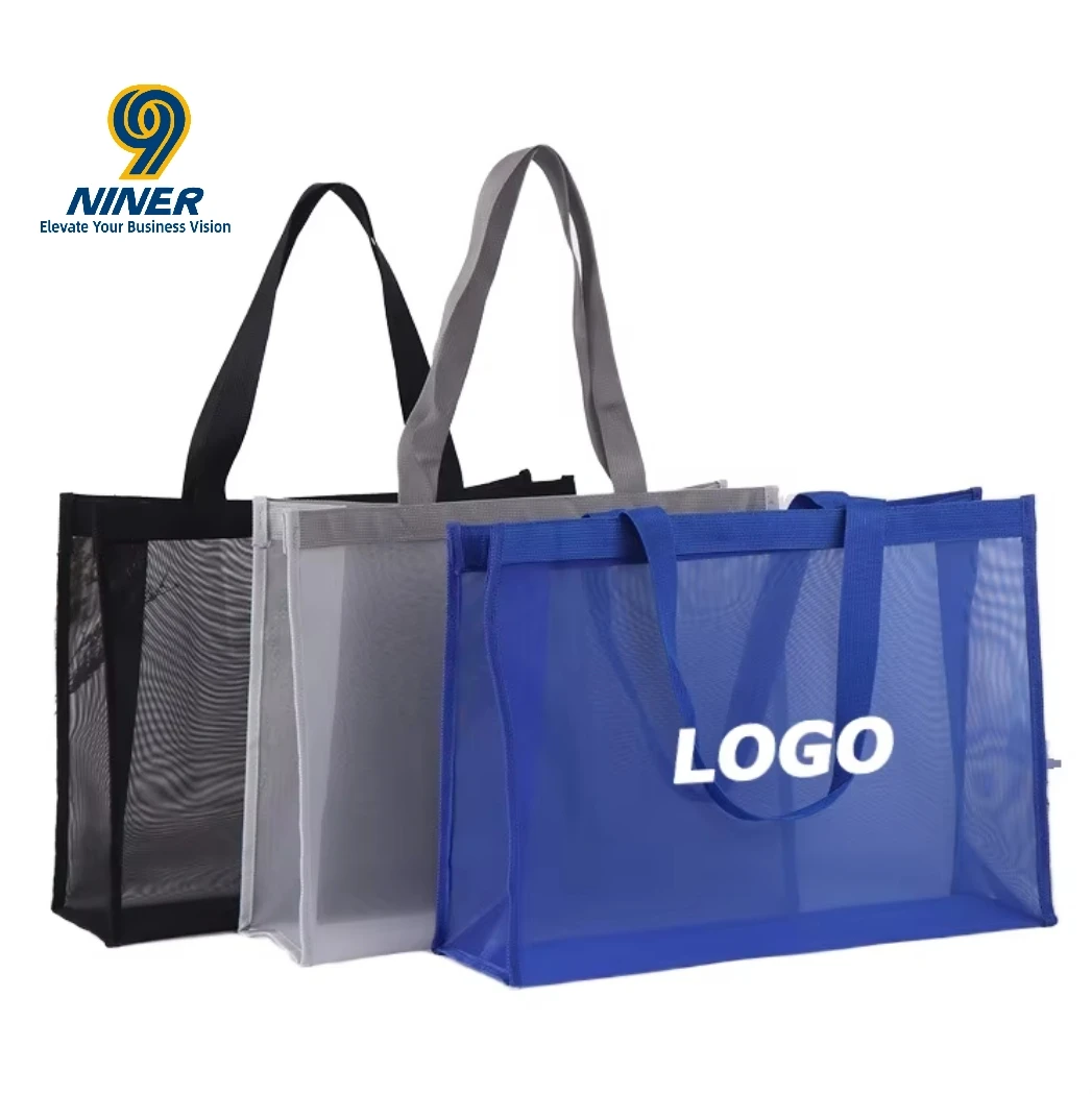Custom Logo Fashion Screen Printed Large Mesh Tote Bag for Shopping Reusable Nylon Bag Wholesale Promotional Gifts