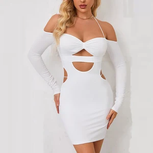 2026 Stylish Full Sleeve Hollow Out Stretch Casual Elegant Women Bodycon Sexy Club Party White Dress