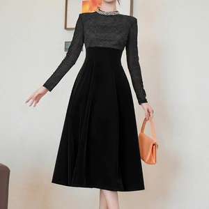 ZYHT 45391 Black Midi Dress with Rhinestone-Trimmed Neckline Sequin Long Sleeves Dress & Velvet Flared A-Line Casual Dress