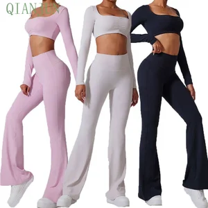 Hot Selling Women's Square Collar Flare Pants Yoga Set Outdoor Fitness Running Elegant 2 Piece Yoga Set Suitable for Sports