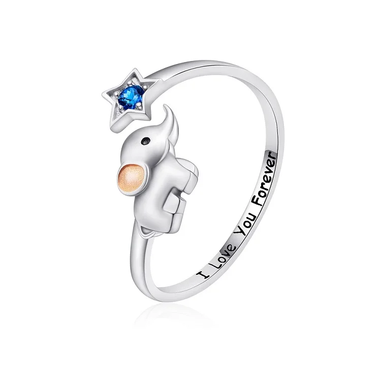 Sterling Silver Lucky Elephant Ring Blue Cubic Zircon Star