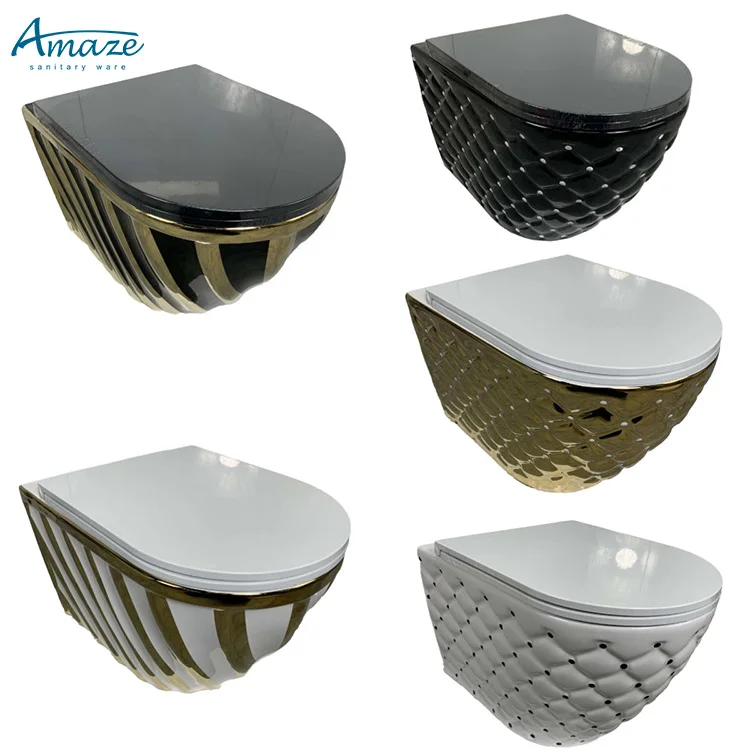 New design ceramic sanitary ware gold color wall mount latest bathroom wc wall hung toilet bowl set factory