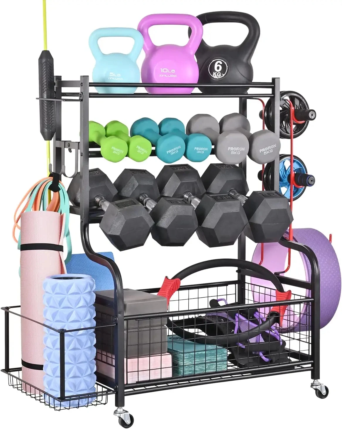 Home Gym Heavy Duty Storage Rack For Dumbbells Kettlebells Yoga Mat And